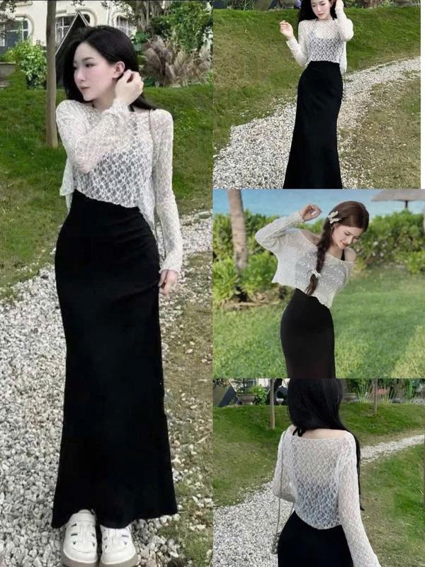 SM - (Chất thun ladong + lưới) Đầm nữ cổ yếm dáng đuôi cá kèm áo ren tay dài cổ rộng xinh xắn - GL844, Váy boby , váy body nữ tôn dáng , váy xinh, váy đi tiệc , váy đi biển