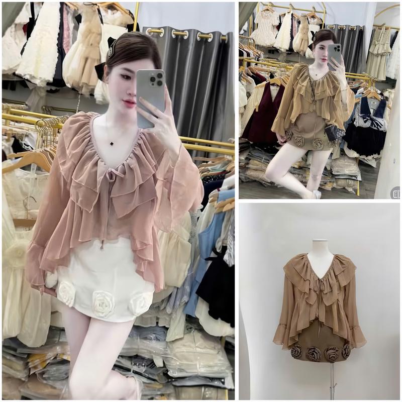 Sét Bộ Áo Bèo Tiểu Thư Cổ Bèo Dài Tay Kèm Chân Váy Ngắn Mix Hoa Tiểu Thư