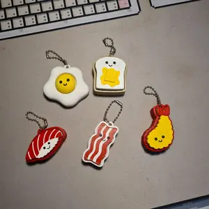 Food Clicker Switch Keychain Fidget Toys mainan pengasah klik keyboard dengan desain Makanan Sushi Clicker, Tempura Clicker, Bavon Clicker, Toast Clicker, Egg Clicker