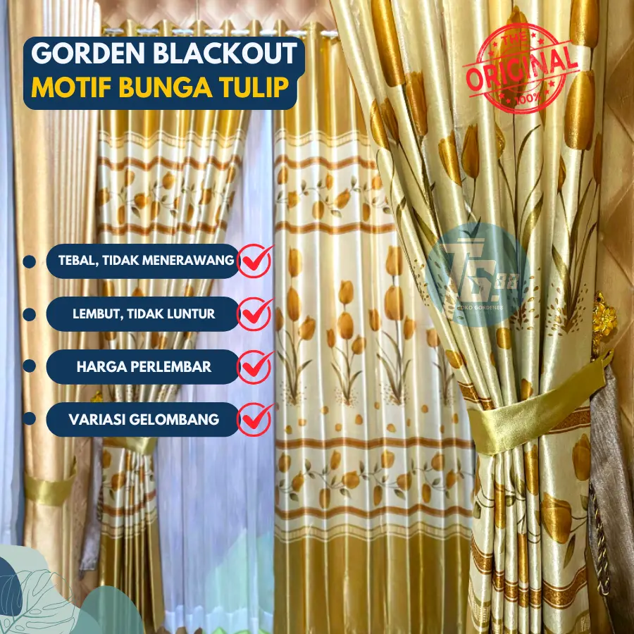 GORDEN BLACKOUT MEWAH MERK NAPOLEON MOTIF BUNGA TULIP MENGKILAP 6 GELEMBUNG 12 RING BAHAN TEBAL DAN HALUS GOLD Curtain