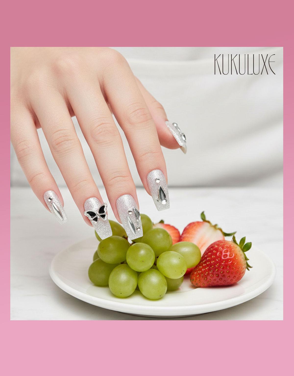 KUKULUXE 3D Nail Art – Press On Nails Premium 4 Varian ( Black Butterfly, Cool Black Mary, Falling Sakura Thoughts, Green Wave Greyhound )