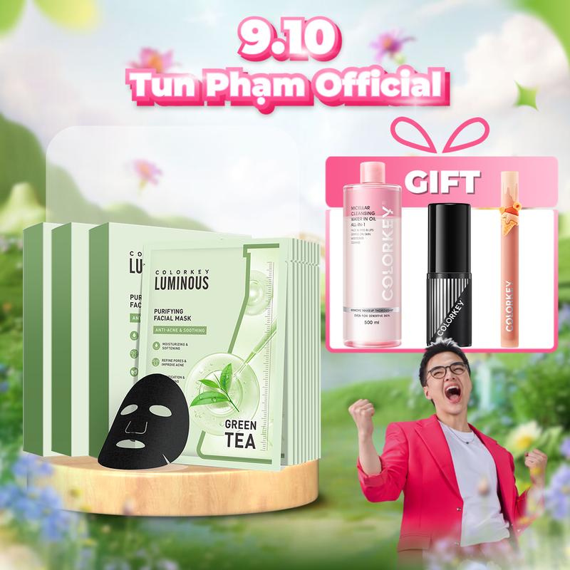 [EX-TUN PHẠM] COMBO 3 HỘP Mặt Nạ Giấy Trà Xanh Hỗ Trợ Ngăn Ngừa Mụn COLORKEY LUMINOUS 10 miếng/hộp