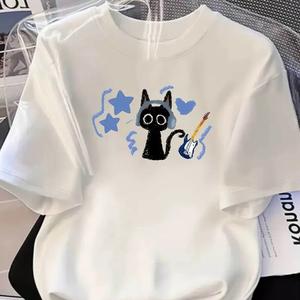 音楽子猫柄プリント婦人用半袖Tシャツ、丸首、ゆったり、純綿カジュアルトップス、丸首、ショルダーベルト、ゆったりシルエット、通気性、肩落ちデザインプリントTシャツ夏のゆったりタイプ