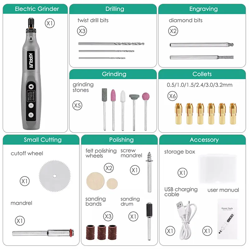 Dụng cụ mài, KIPRUN, Dụng cụ Quay không dây, Máy khoan không dây Điện 3,7V Dụng cụ điện, Bộ mài 15000rpm, Bộ dụng cụ khoan Điện, 5 tốc độ, Sạc USB 1