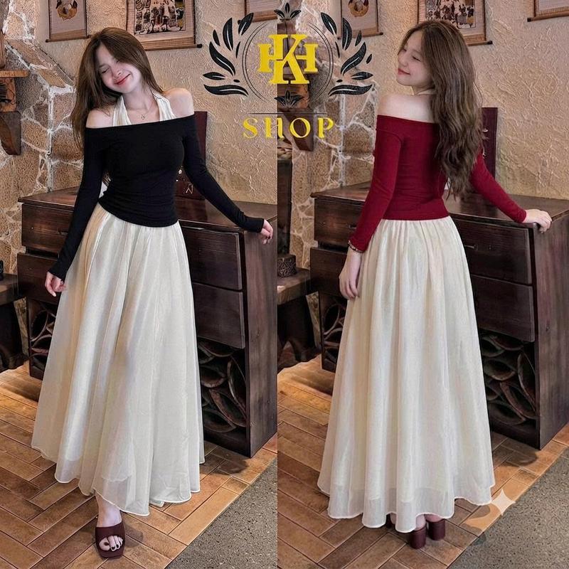 Set Đồ Nữ - Set Áo Trễ Vai Dài Tay Cổ Yếm Mix Váy Maxi Voan Tơ 2 Lớp Tôn Dáng Sang Chảnh HK Shop