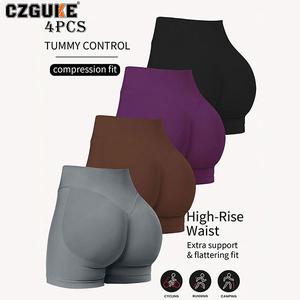 CZGUKE Conjunto de 4 Piezas para Mujer Pantalones Cortos Deportivos Ciclismo Running Ropa de Gimnasio Efecto Push-Up Cintura Alta Leggings Ajustados Ropa de Yoga
