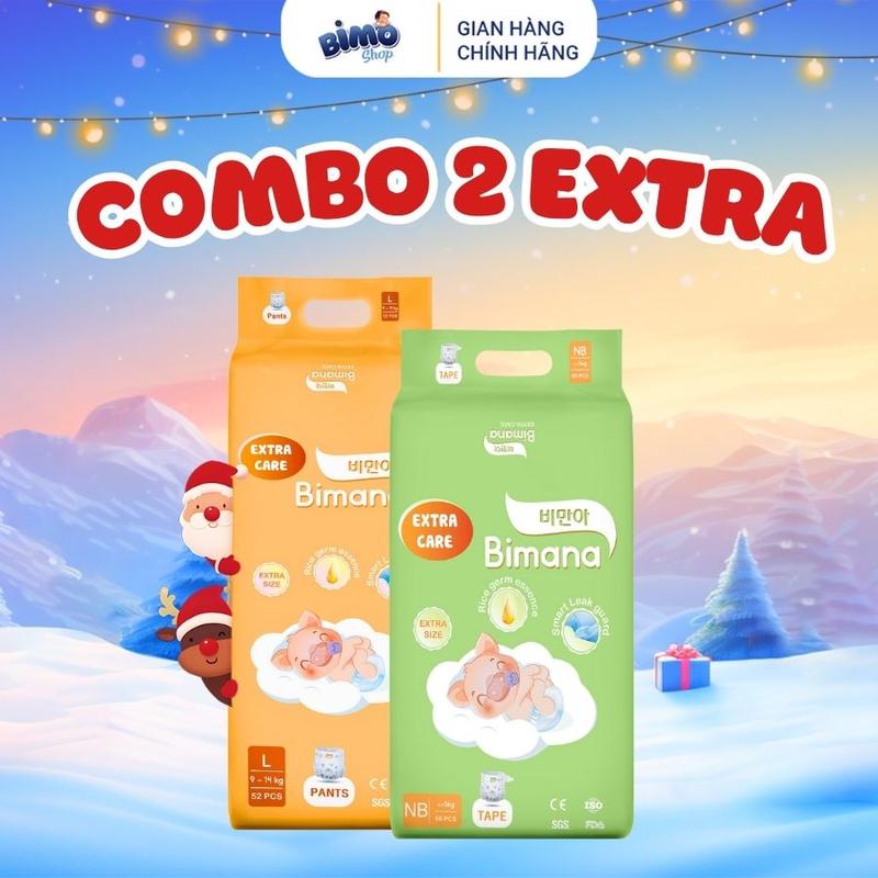 2E KHÔNG QUÀ Combo 2 Bịch Tã Bỉm BIMANA EXTRA CARE Thấm Hút Nhanh Mỏng Nhẹ Êm Ái Cho Bé Từ NB Đến 4XL