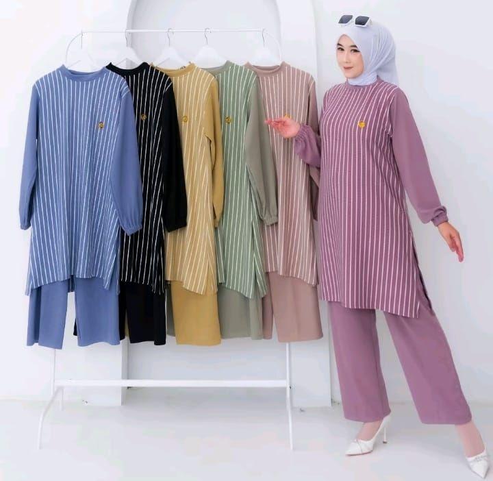FITRIYAH ONE SET SETELAN LONG TUNIK MOTIF SALUR BAHAN KATUN POLLYMICRO REMAJA DEWASA Nyaman Lembut