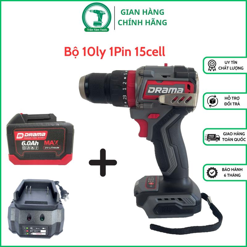 Bộ 1Pin 15cell Máy Khoan Pin DRAMA D-21A - 3 Chức Năng Có Búa Chân Pin Phổ Thông M21 - Không Chổi Than - Đầu khoan 10mm