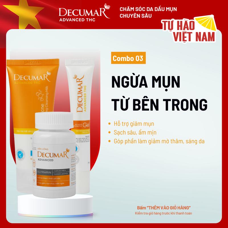 Bộ 03 hỗ trợ giảm mụn sáng da trong uống ngoài bôi Decumar THC - VCM01, THC03, DSM02 ( Viên uống Decumar, Gel mụn Decumar THC 20g, Sữa rửa mặt Decumar THC 50g)