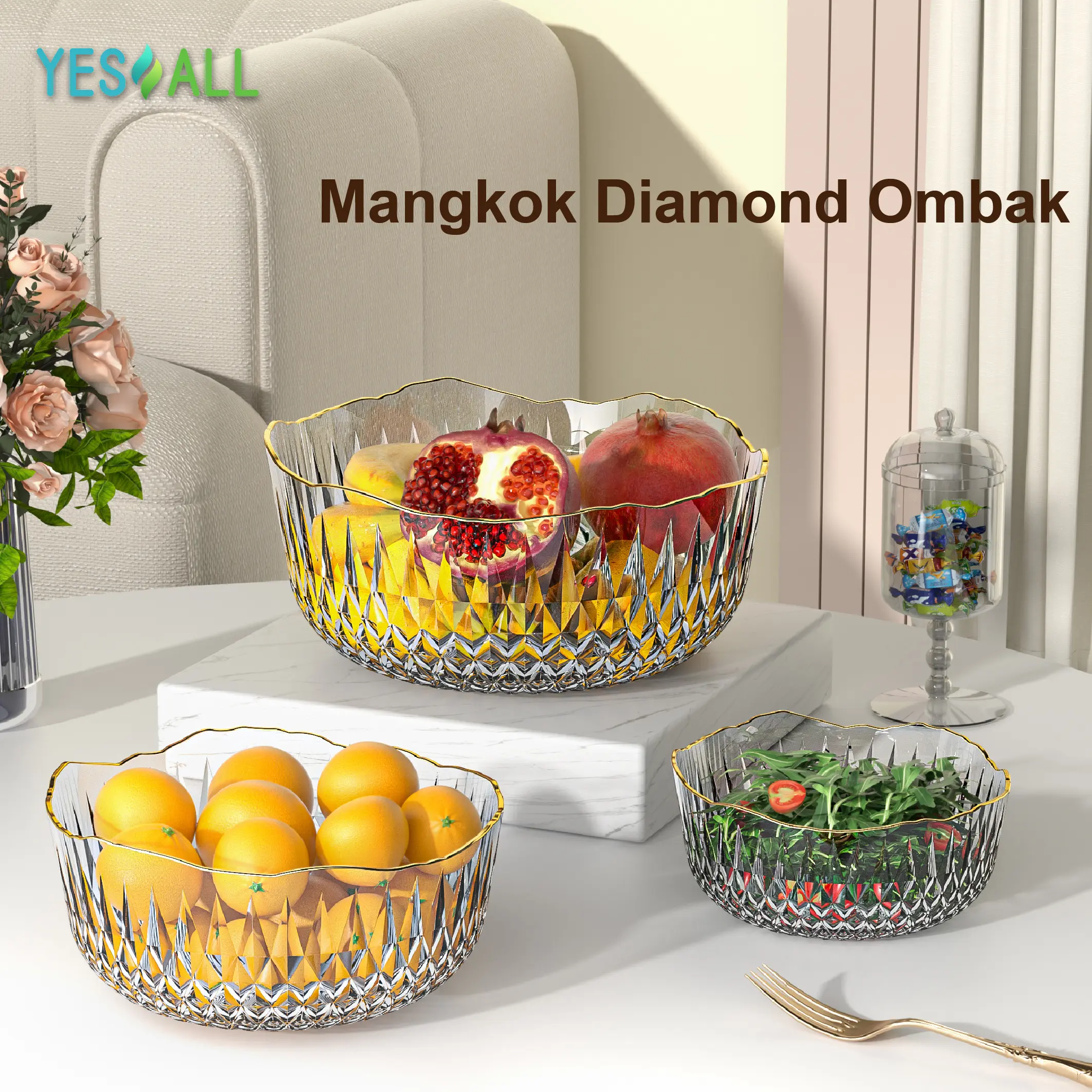 YESALL Mangkok Diamond Motif Ombak Transparan Aesthetic - Transparan Bowl List Gold Transparent Mangkuk Salad Sayur List Emas Mangkok Salad Buah Transparan Estetik Serbaguna - Mangkok Plastik Motif Bunga Bahan Plastic