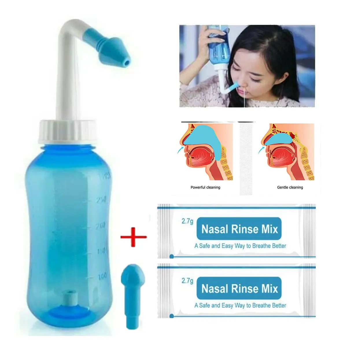 Botol Nasal Pembersih Hidung Tersumbat 300 ml Gratis 2 Garam Pencuci Hidung Infus Pembersih Ingus Anak