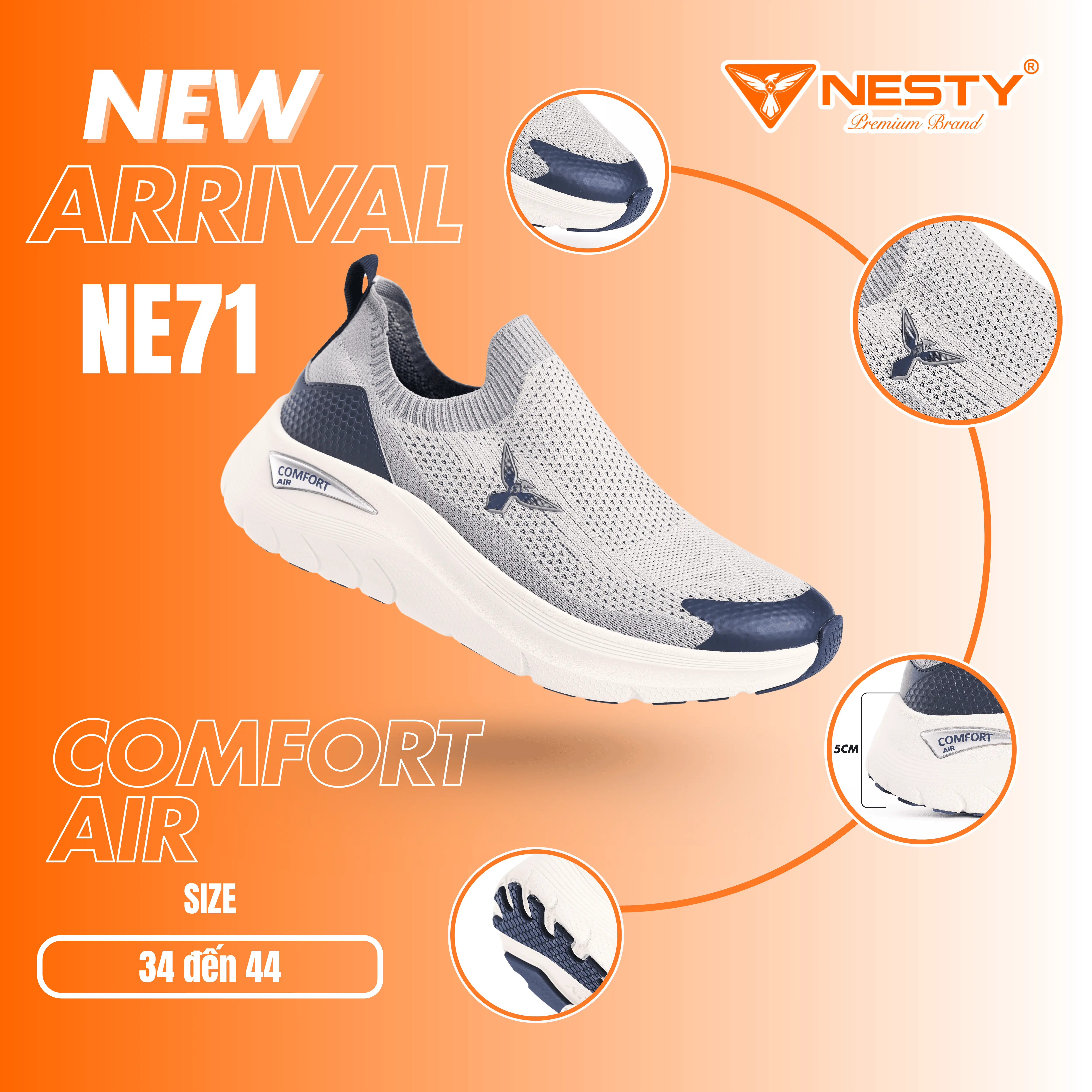 [NE71] Giày Giày Thể Thao NESTY Comfort Air – Slip On Thoáng Khí, Êm Nhẹ, Đế Cao [KO1]