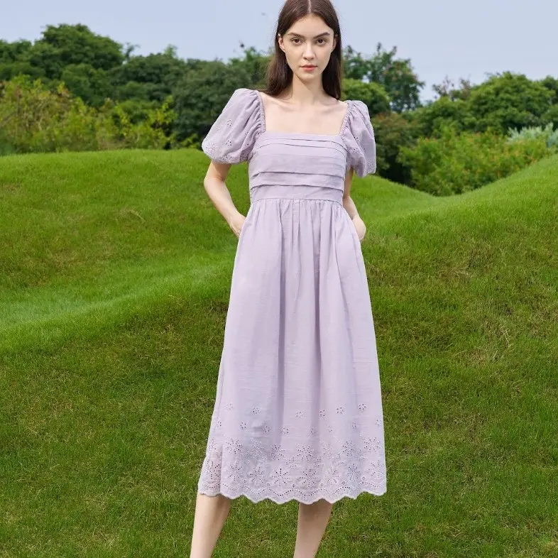 Genni Eyelet Sleeved Dress in Lilac colour