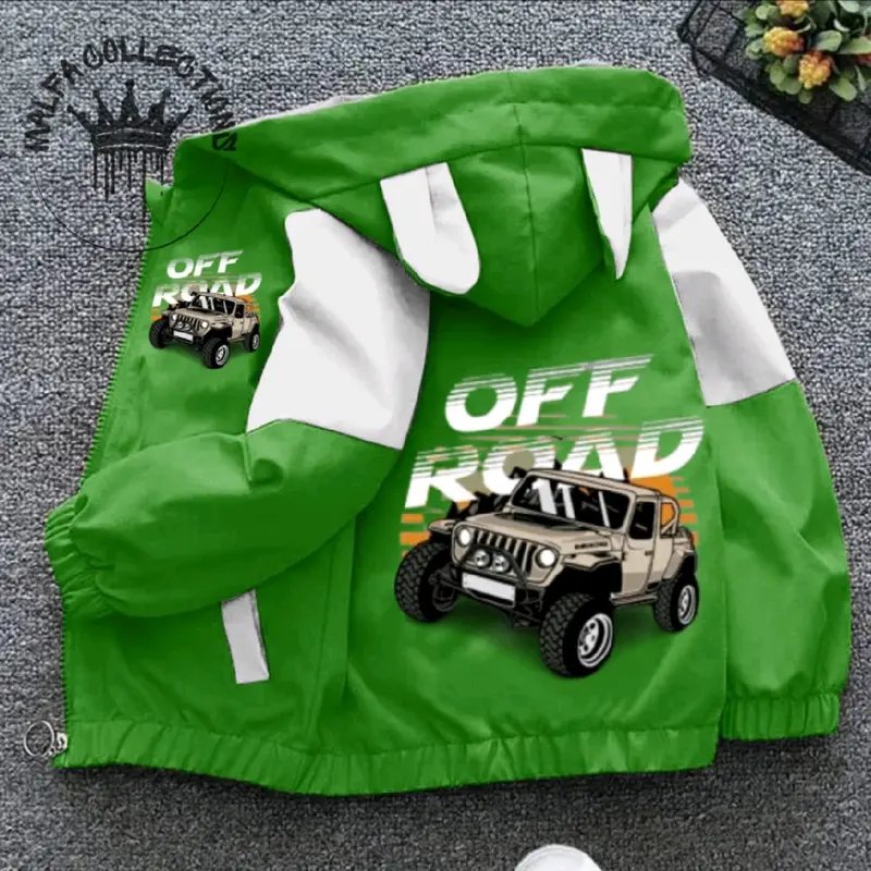 jaket anak kombinasi waterfroop premium berkualitas tinggi cocok buat anak laki" yang bergambar mobil off Road sang peredator jalanan hutan 5