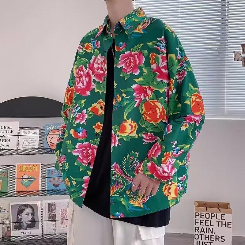 Product Introduction of Men's and Women's Neutral Chinese Style Northeast Big Flower Short-Sleeved Shirt Shirt Coat Ethnic Style Ancient Chinese Clothing Team Uniform 10