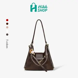 HihhShop Tas Selempang & Ransel Wanita Retro 2in1 Kulit PU Kualitas Besar Kapasitas Musim Dingin Gugur 2026 Baru Fashion Komuter Aksesoris Logam Elegan Warna Solid Hitam Cokelat Beige Pink Praktis Kantor Sekolah