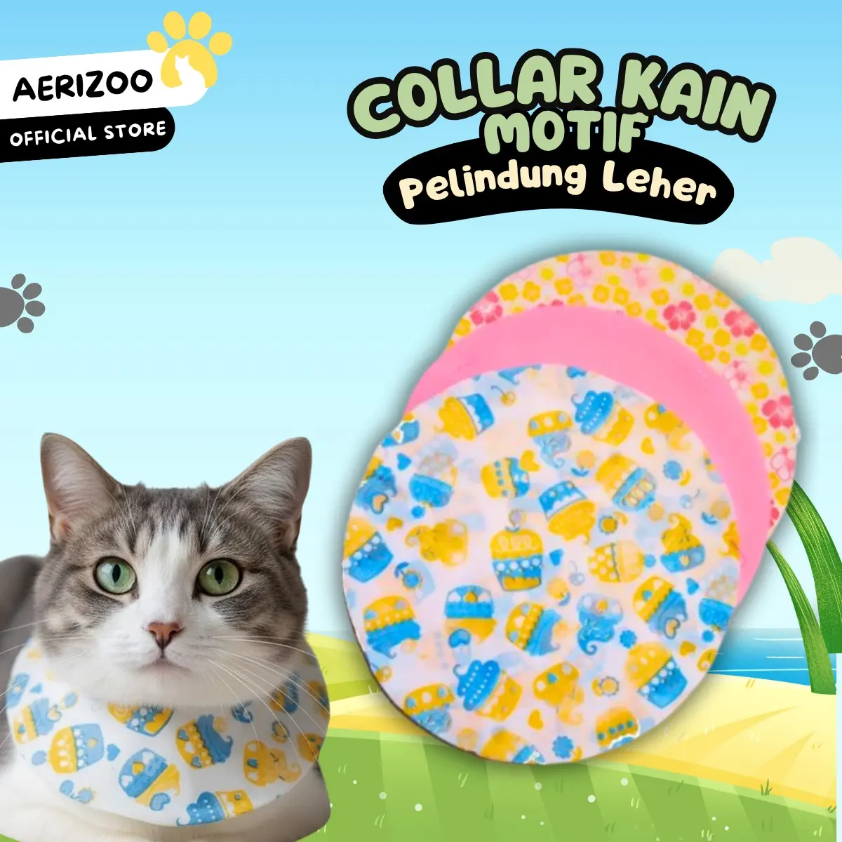 Aerizoo Collar Kain Motif Pelindung Leher Kucing Anjing Pasca Pengobatan Aksesori Hewan Peliharaan