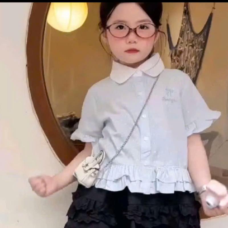 [Nini Kids]-Áo sơ mi cho bé Gái chất liệu thô mềm mát đủ size 8-35kg  ( LẺ ÁO chấm bi xanh hồng)