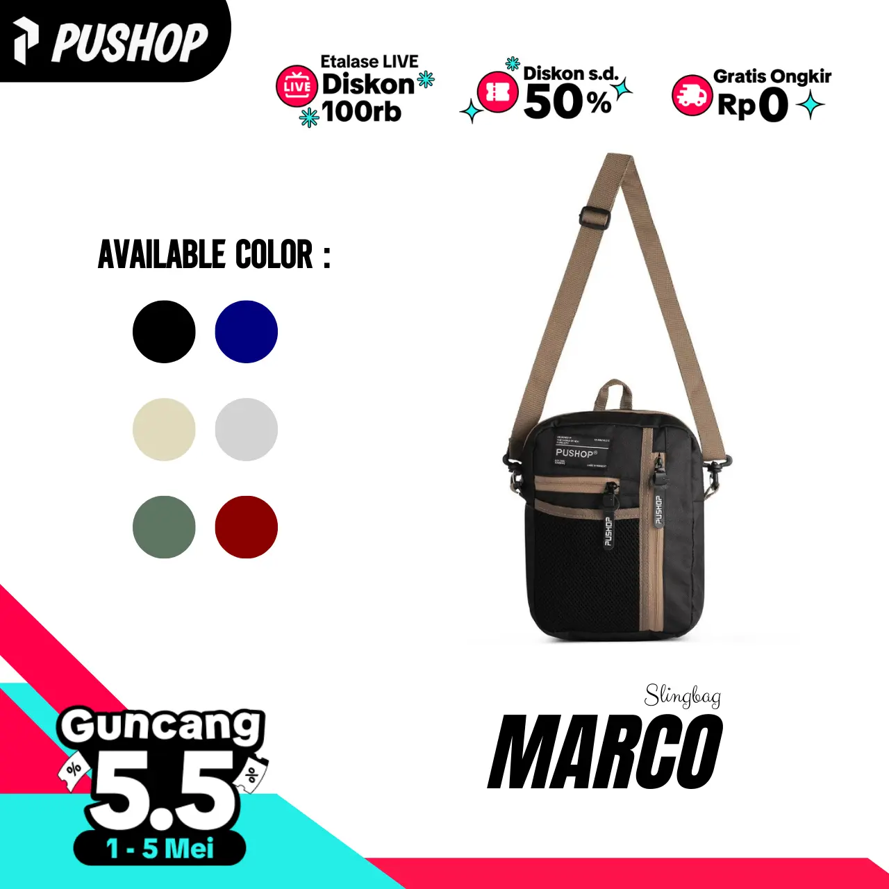 PUSHOP Tas Selempang Pria Wanita MARCO - Slingbag Uniseks Sling Bag Kasual Kanvas