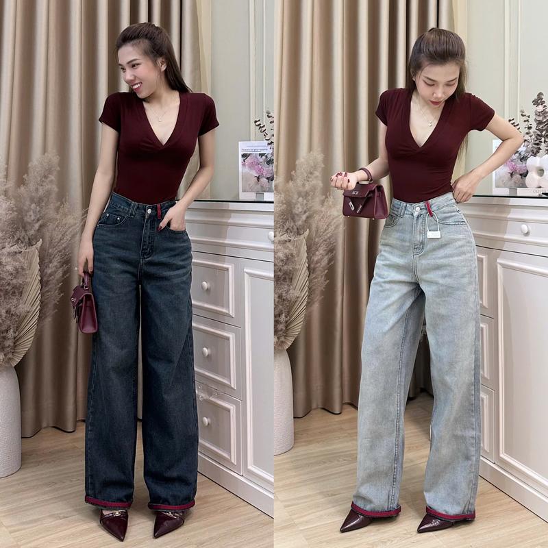 YURI JEANS - XẢ KHO Quần Jean Nữ Ống Suông Phối Dây Săn Lưng Đỏ Lai Đỏ MÃ 15 Chất Liệu Jean Cotton Mềm Mại Màu Xanh Đậm Xanh Nhạt Dài 98cm 105cm
