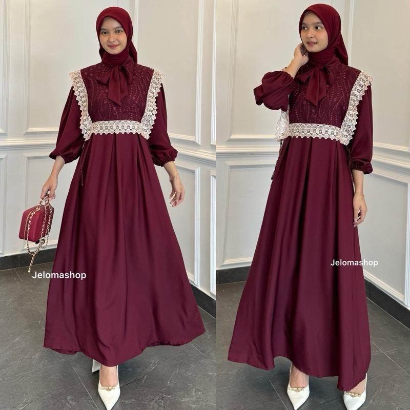 Dress Muslimah LOLI Wanita Model Rompi Tille Bordir dengan Leher Pita dan Lengan Karet - Fit Menyusui Cantik 1