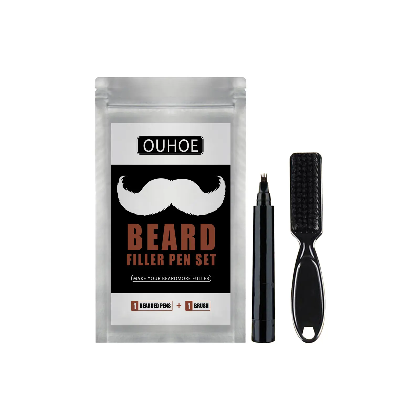 OUHOE Pena Pengisi Kumis – Hitam, empat ujung, tahan air alami, set kuas untuk mengisi detail kumis