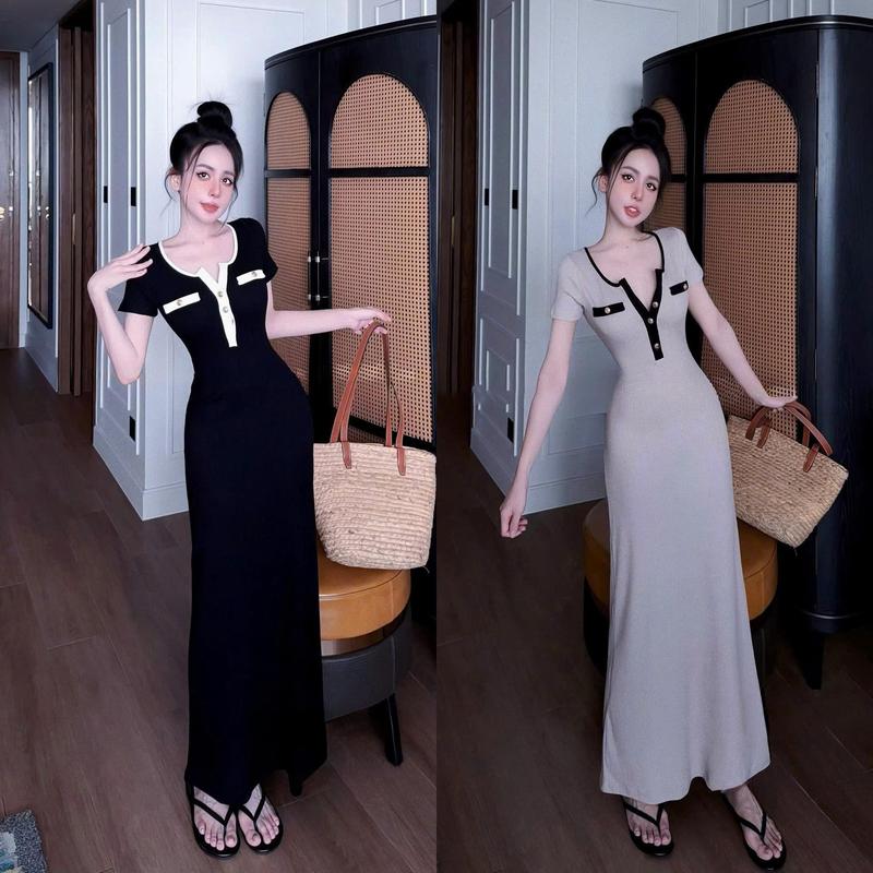 ( Xả Kho ) Váy Viền Mí Maxi Ôm Dáng Ngắn Tay Đen Be Dáng Dài Đầm Nữ Thiết Kế