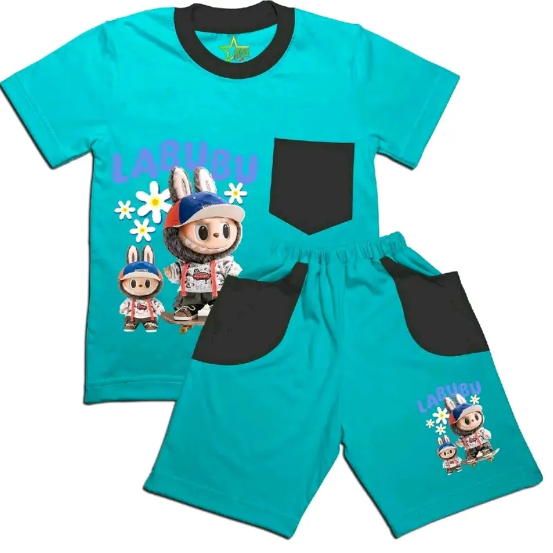Stelan kaos anak karakter lucu Labubu skateboard berbahan lembut usia 2-8th Fashion Celana Set 2