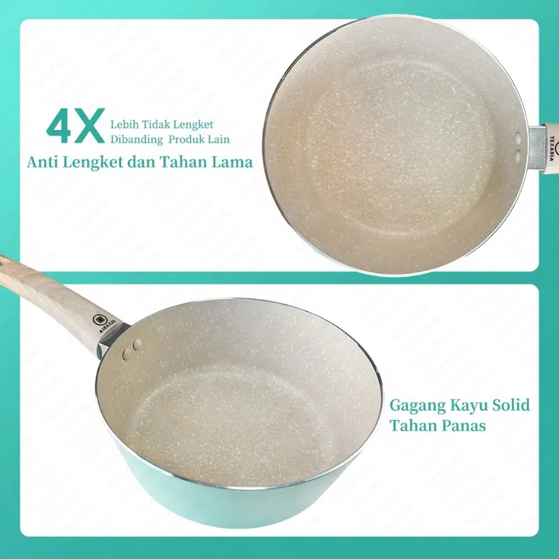 TEXANIA Set Panci Mie Biru Alumunium Anti Lengket 18cm - Frypan Biru Alumunium Anti Lengket 22cm Gagang Motif Kayu Lembut Stainless Bottom Free Obeng Kitchenware 1