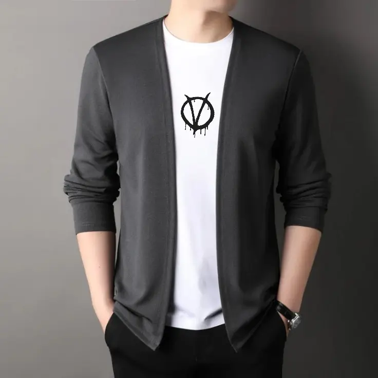 Foto Kaos Lengan Panjang Cardigan V-neck Atasan Rajut Pria Jahitan Mode Dua Badan Aktif Pakaian Kasual Cowokthumb2