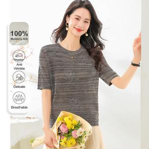 MuMeng [100% Mulberry Silk] Vintage Floral Knitted Top for Women's Summer T-shirt Breathable Round-neck Casual Blouse Anti-wrinkle Delicate