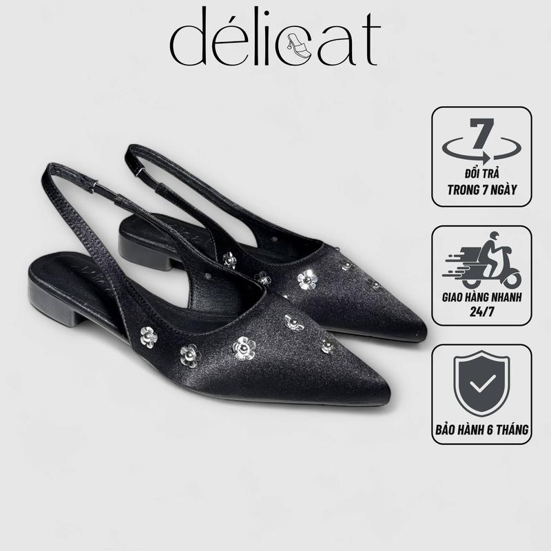  Giày sục bệt nữ quai lụa tán hoa mai bạc xinh xắn sang trọng Délicat D235 