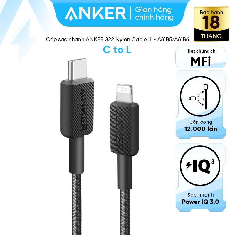 [Cáp CtoL MFi] - Cáp sạc nhanh Anker 322 USB-C to Lightning dây dù nylon | Dành cho series iPhone 15/14/113/12/11/X | Đạt chứng nhận MFi bởi Apple | Chắc chắn bền bỉ sạc nhanh - A81B5/A81B6