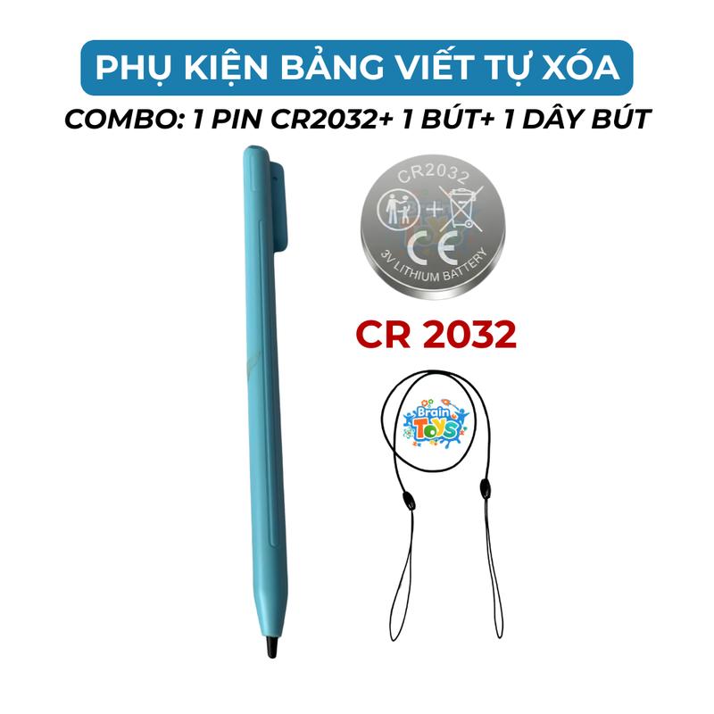 Phụ kiện bảng viết tự xóa bảng 16 Inch, Combo Bút thay thế + Pin CR2032 + Dây đeo bút - Braintoys