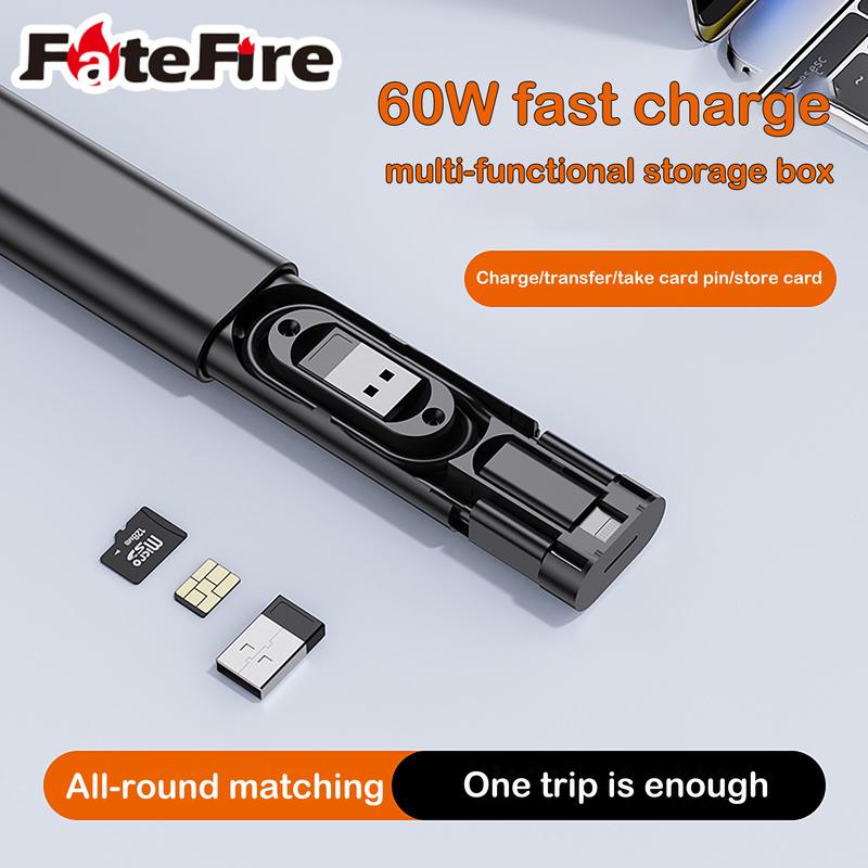 FateFire, Cáp dữ liệu ẩn, Sạc siêu nhanh 60w, Hộp lưu trữ đa chức năng, Nhiều đầu nối, Phù hợp với tất cả các vòng, Type-C