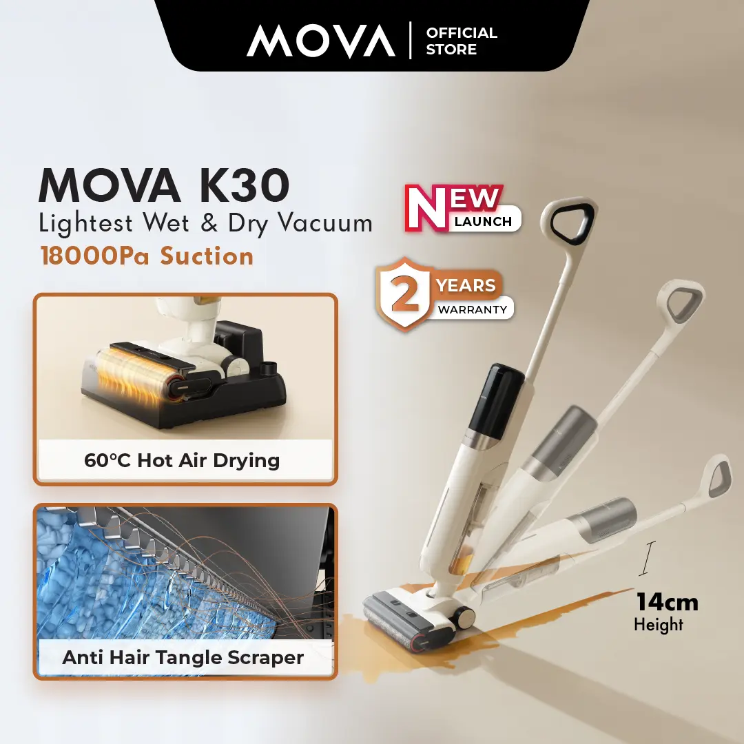 Mova K30/K30 Mix Wet Dry Floor Washer & Vacuum Cleaner | 18,000Pa | 180° Lie-Flat Reach | 60°C Hot Air Drying