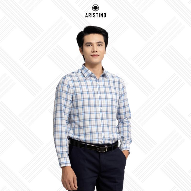  ARISTINO Áo sơ mi dài tay  thiết kế đơn giản tà lượn có túi tiện lợi cùng màu trắng kẻ xanh tinh tế mang đến phong cách thời thượng phom dáng Regular Fit ALS16002 