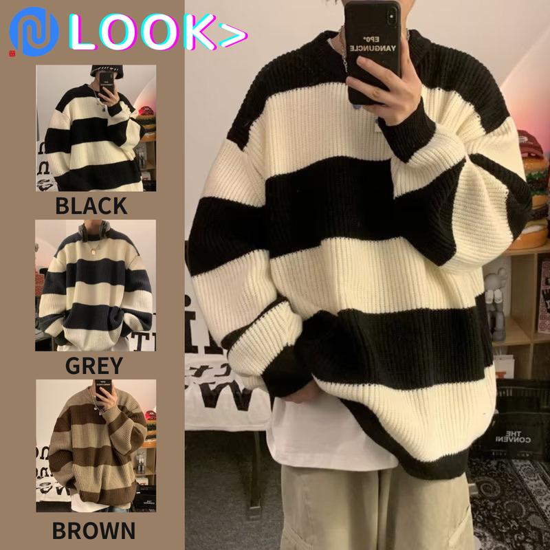 Menswear ,Áo Len Cổ Tròn Kẻ Sọc Cho Nam, Shirt , Áo Len Dệt Kim, Áo Len Có Lớp Lót,Thời Trang Dạo Phố Phong Cách Hàn Quốc, Ngầu, Đẹp Trai,  Áo Thun Dài Tay Cá Tính，Thu Đông Màu Đen 0