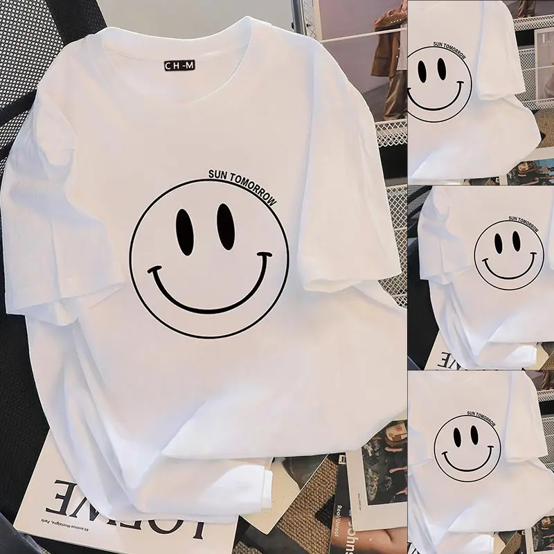 【CHMian mall】White loose casual short-sleeved T-shirt with smiley face design -T-SHIRT WANITA