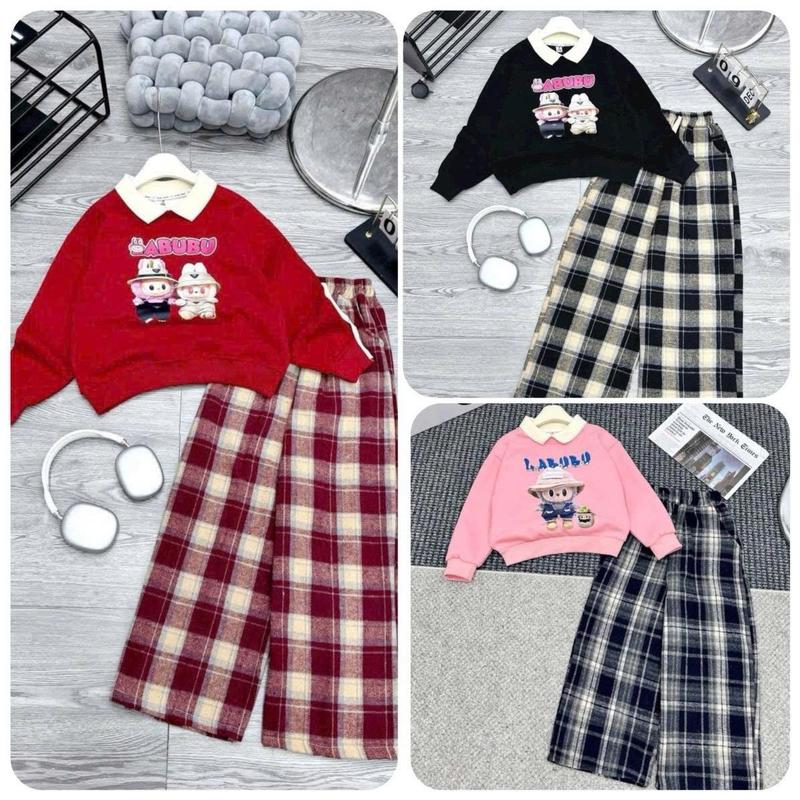 Set bộ labubu bé gái áo phối cổ sơ mi & quần kẻ dạ dáng xuông đi học đi chơi diện tết mặc nhà set cho bé 10-45kg Cao Su