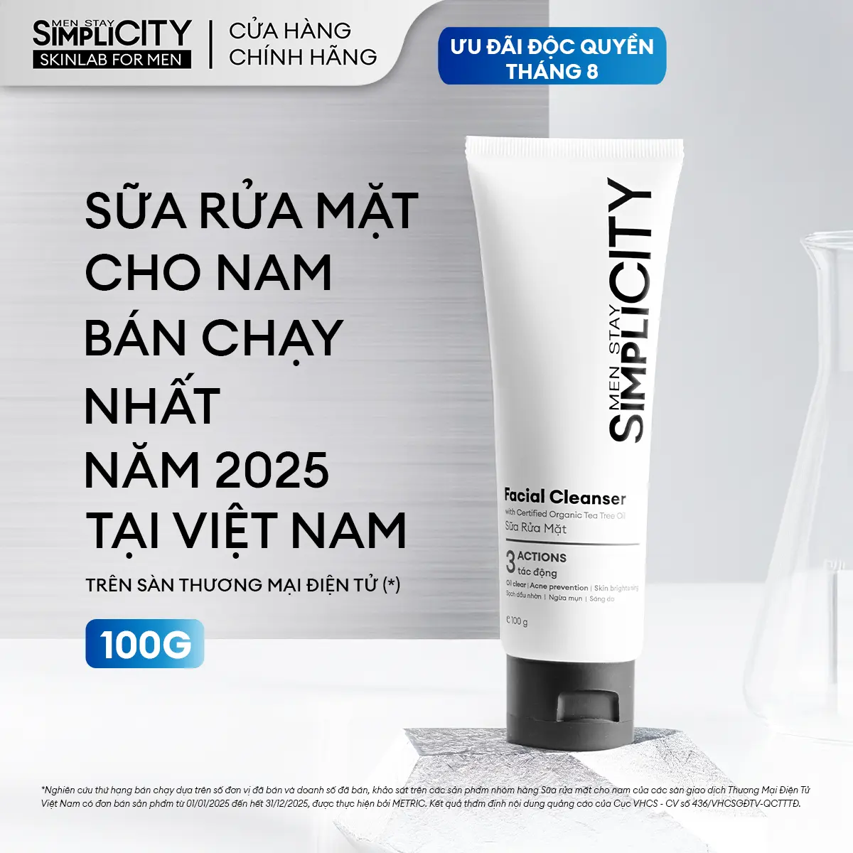 Sữa rửa mặt nam Men Stay Simplicity Facial Cleanser 3 tác động giúp làm sạch sâu bụi bẩn và dầu nhờn, hạn chế các tác nhân gây mụn, giảm bã nhờn hiệu quả 100g