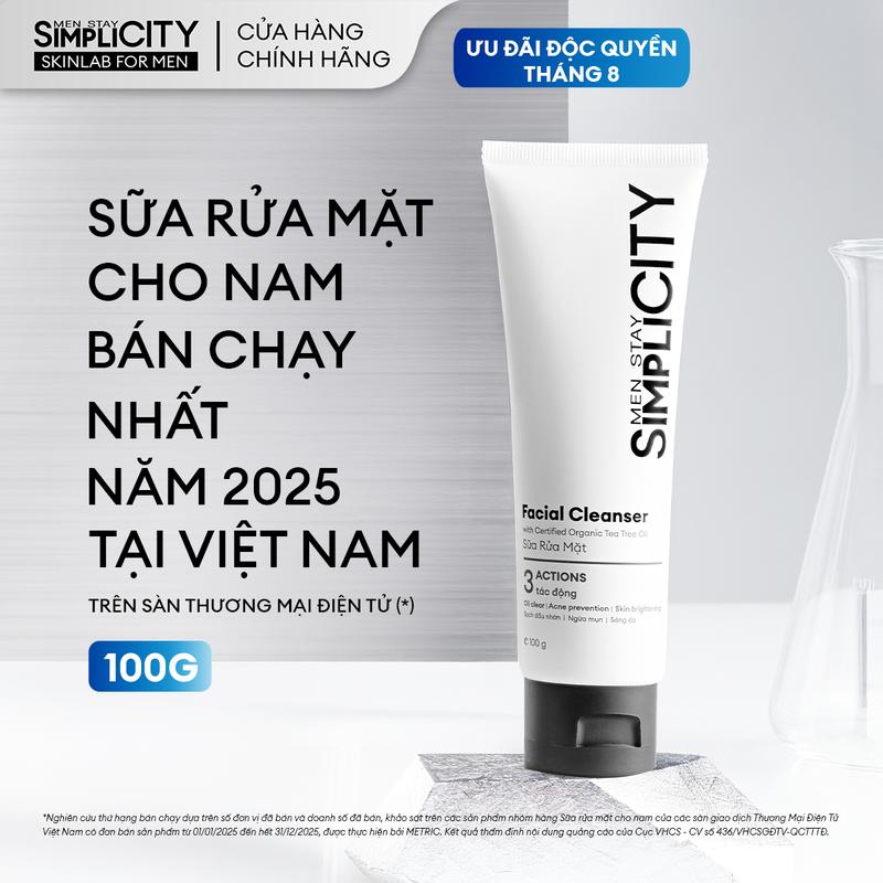 Sữa rửa mặt nam Men Stay Simplicity Facial Cleanser 3 tác động giúp làm sạch sâu bụi bẩn và dầu nhờn, hạn chế các tác nhân gây mụn, giảm bã nhờn hiệu quả 100g