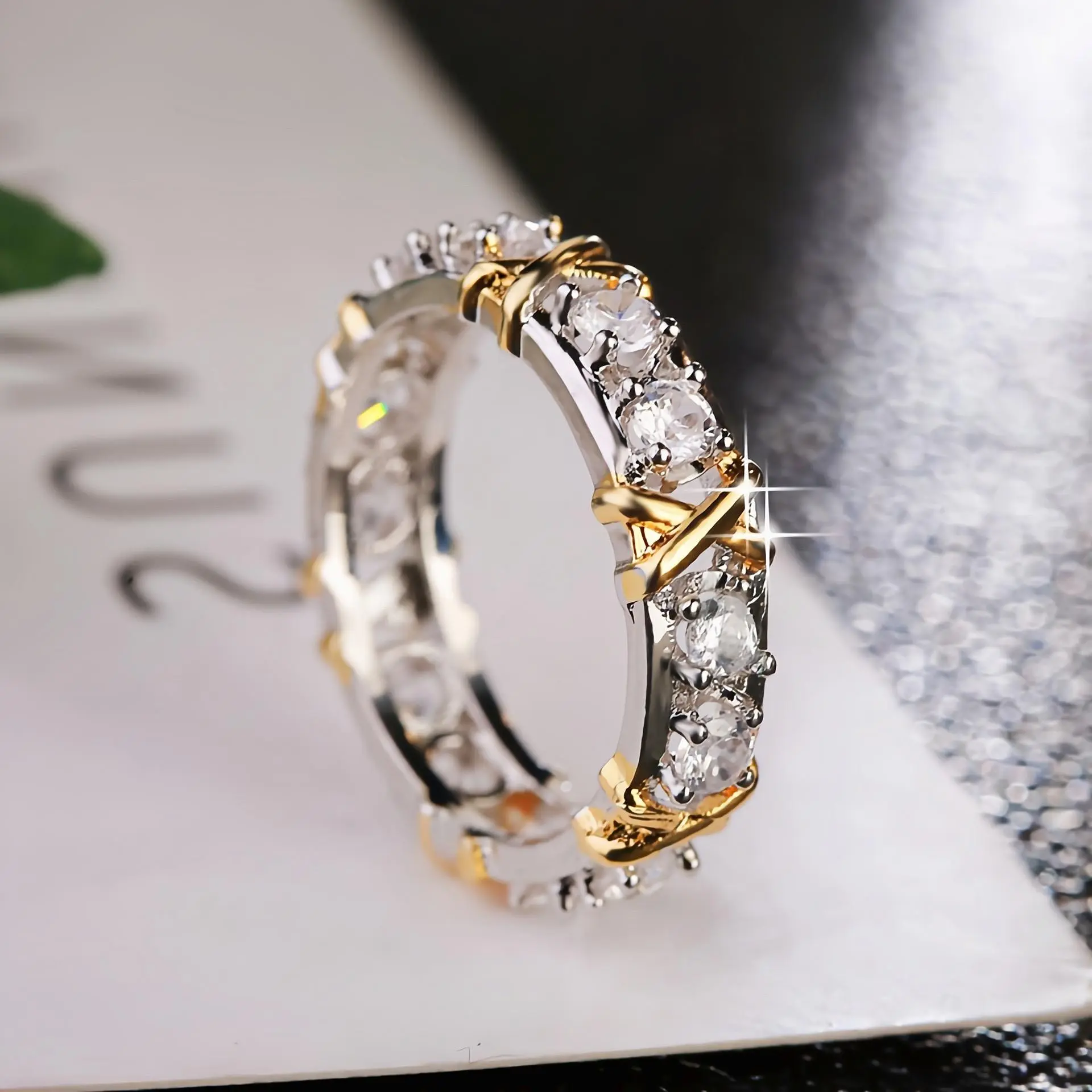 X Unisex Moissanite Synthetic 3 Color Cross Band Eternity Ring D Color VVS1 Clarity for Women & Men Wedding Engagement Birthday Gift Anniversary Prom Party Holiday Date Casual Bling Iced