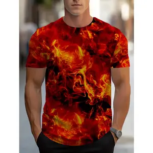 kaos printing sublimasi kaos vintage pria kaos untuk olahraga lari Api berwarna merah, oranye, dan kuning berputar-putar di seluruh kemeja, menciptakan pola api yang dinamis dengan panas dan gerakan yang intens kaos minimalis kaos reflective print