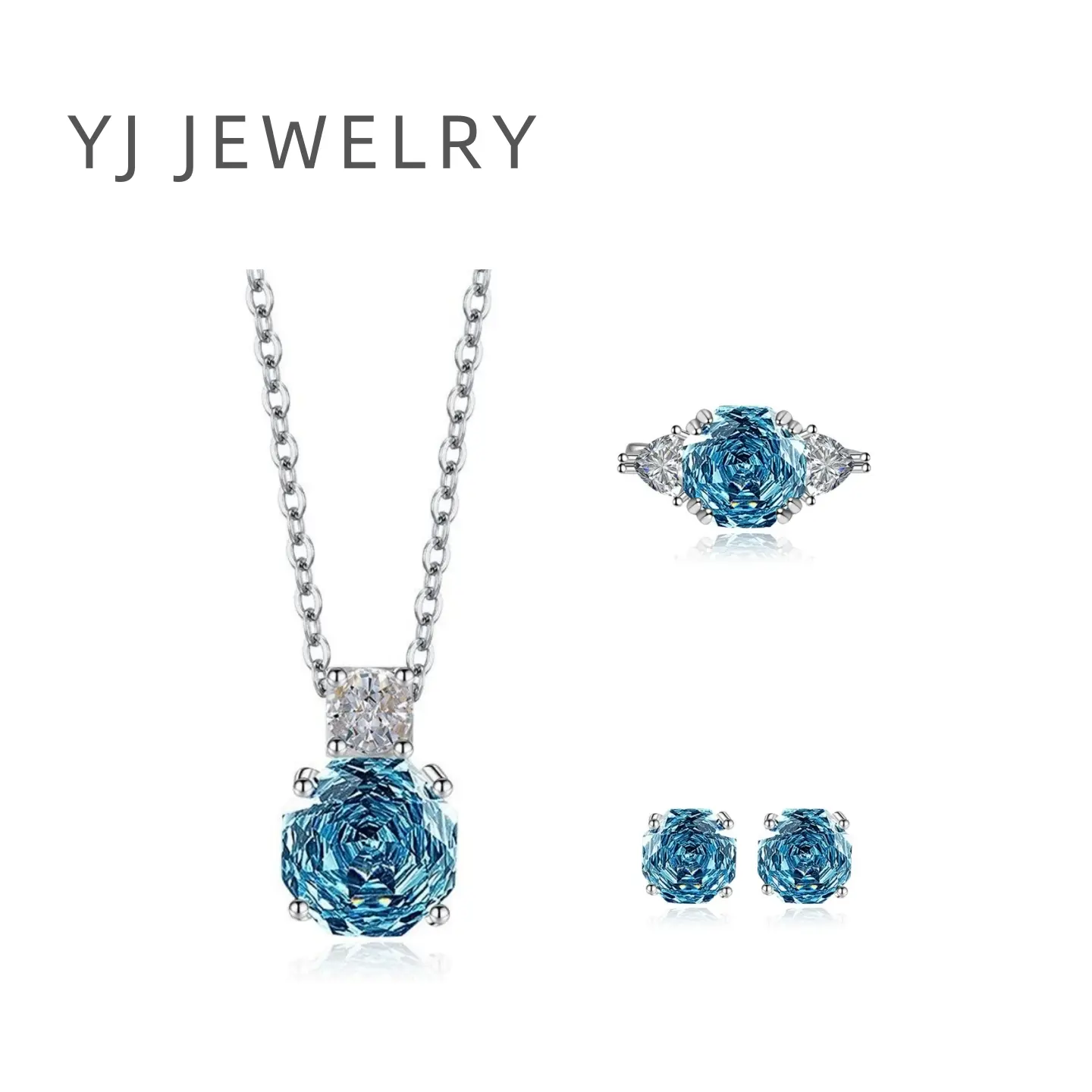 YJ-Blue Rose Cut Three-Piece Set Ring Earring Necklace Jewelry Set Popular