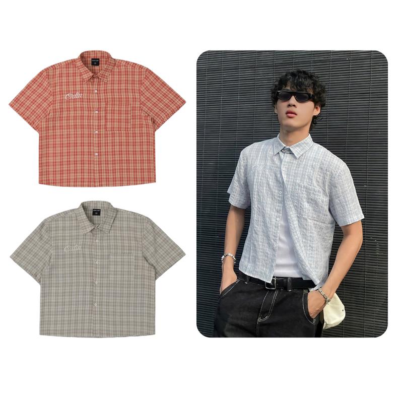 Áo sơ mi kẻ cộc tay Blair Odin Club, Áo sơ mi caro form boxy chất liệu vải đũi cotton