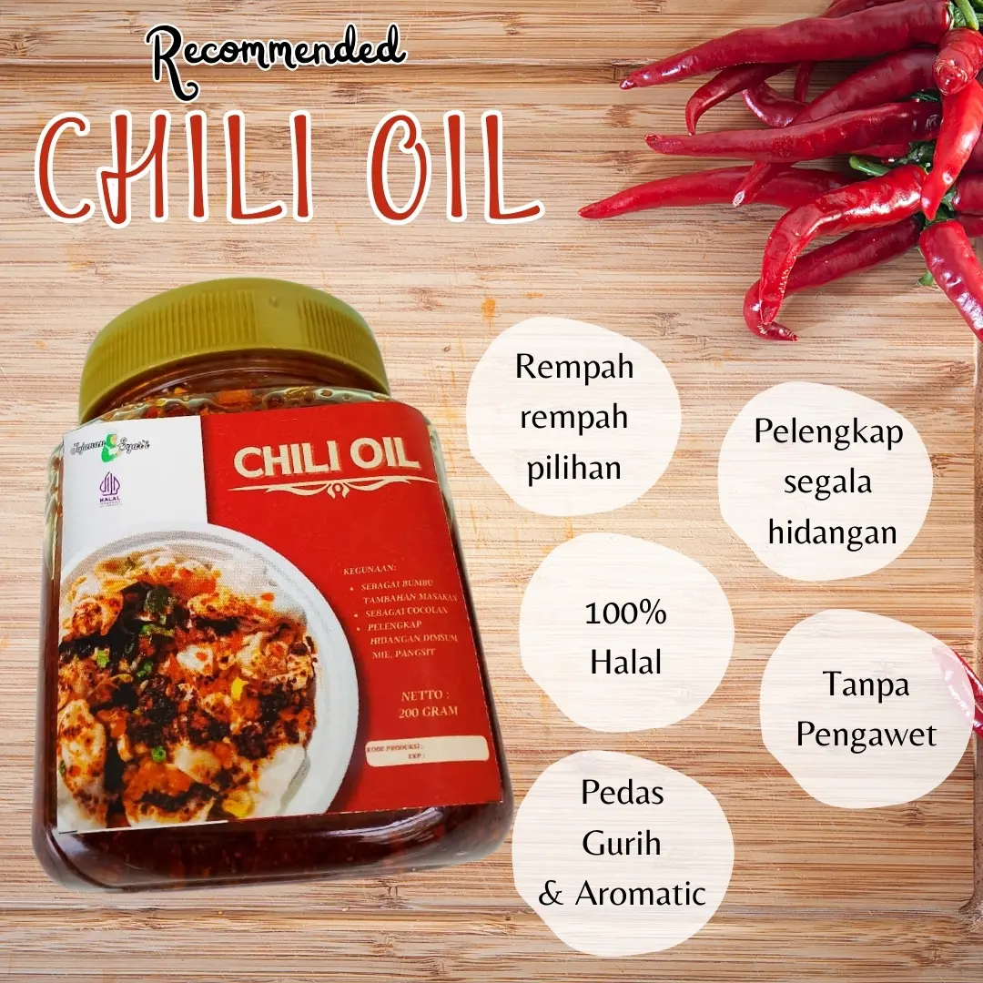 Chili Oil ( 200 gr ) Minyak cabai perpaduan rasa bawang dan ebi By. Jajanan Syar'i Siap saji
