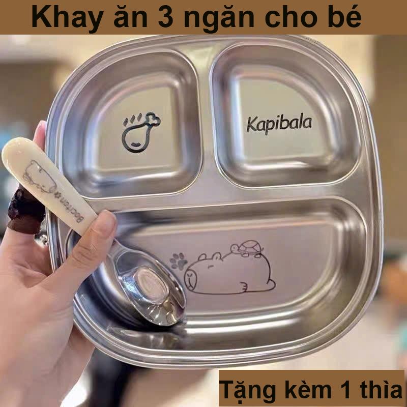 khay inox ăn dặm 3 ngăn cho bé tặng kèm thìa in hình cappy bara dễ thương