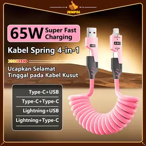 JEMPOL Kabel Data Spring 4 in 1 65W 6A Fast Quick Charging Kabel Data Lilit Spiral Silikon 1,5 Meter 4 in 1 type C 65W, Kabel Data Spring 4in1 Type C 65W + PD 27W / Kabel Data 4 in 1 65W Fast Charging PD Type C To C Kabel Casan 4in1